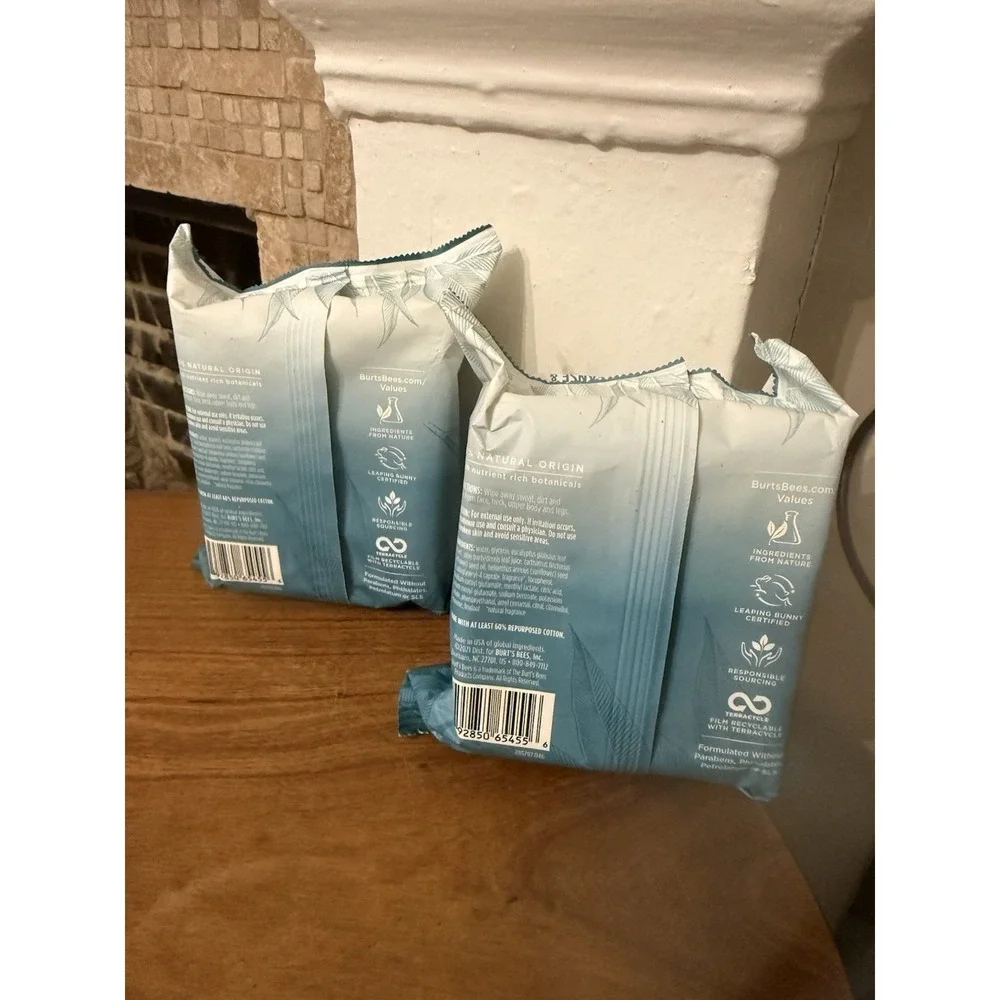 New Burts Bees Cooling Body Wipes Eucalyptus Cleanse Deodorize (2) pks 30 Ct Ea